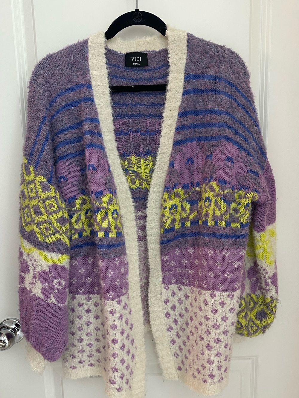 VICI Lavender Purple Patterned Open Cardigan with Cream Trim and Neon Accent